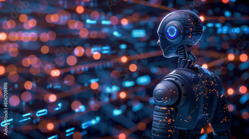 A futuristic humanoid robot with a stylized design gazing into a glowing digital landscape, symbolizing advanced artificial intelligence and technology innovation.