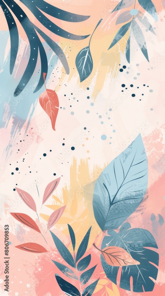 Botanical leaves painted on a vibrant pink background