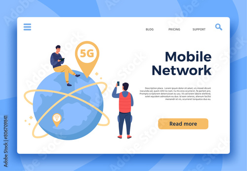 Mobile 5G network landing page, connection remotely. Vector of communication smartphone and telecommunication, connection wifi global illustration