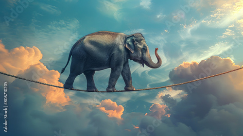 Elephant in the sky walking on the rope