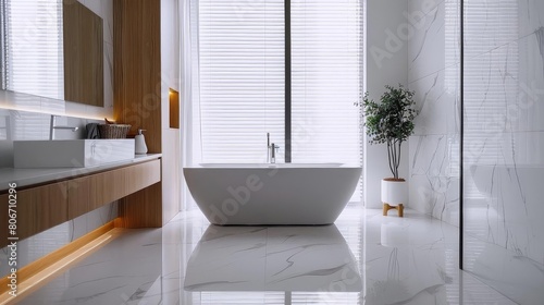 high - tech minimalist bathroom with automated features featuring a white sink  silver faucet  and large mirror  complemented by a potted green plant and white pot on a