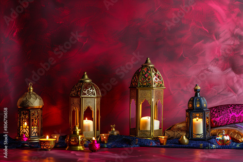 Opulent Golden Lanterns and Luxurious Decor on Maroon Velvet