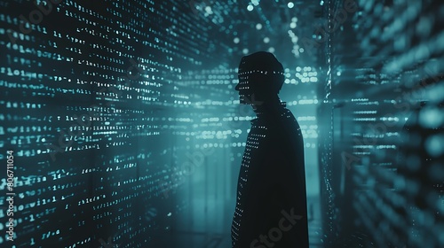 A shadowy figure lurking in the background of a computer network, representing a potential cyber threat
