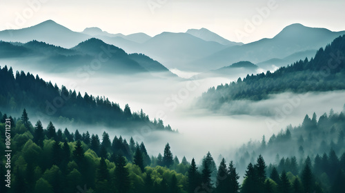 Beautiful Natural landscape background from forest in mountains with fog, green trees, plants, nature, Pine trees, Foggy atmosphere 