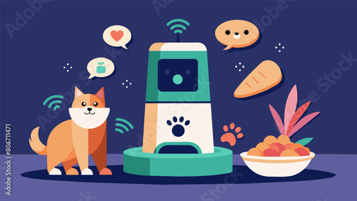 Give your furry friend the ultimate dining experience with a smart feeder that offers portion control meal scheduling and even voiceactivated. Vector illustration