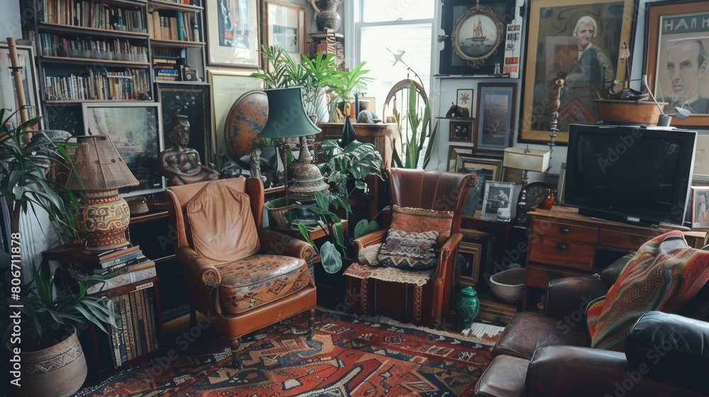 Cozy Vintage Living Room with Classic Furniture and Decorative Plants