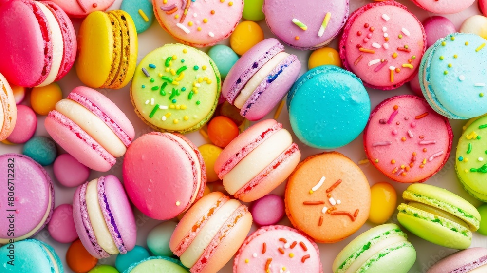 A close up of colorful macarons creates a vibrant backdrop, Ai Generated A close up of colorful macarons creates a vibrant backdrop, Ai Generated