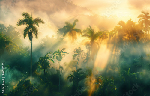 A lush green jungle with a foggy mist in the air. The trees are tall and dense, creating a sense of mystery and adventure