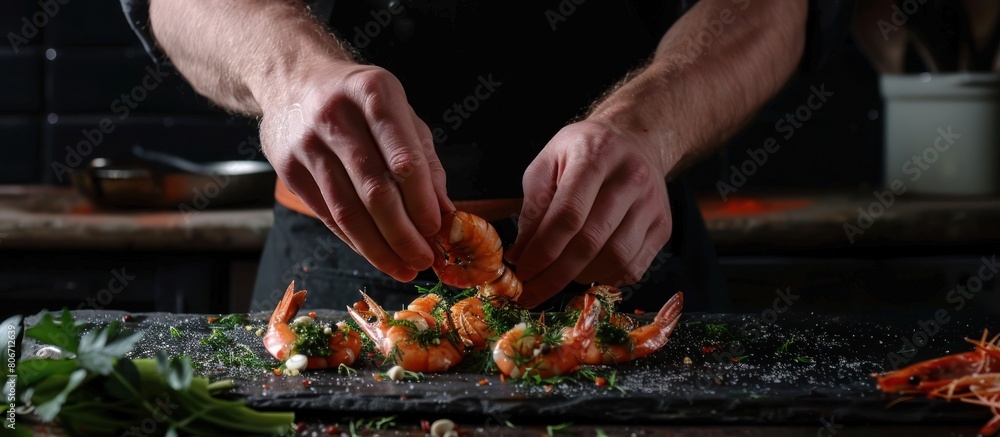 Closeup of chef's hands cooking shrimp seafood
