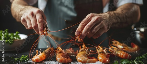 Closeup of chef's hands cooking shrimp seafood
