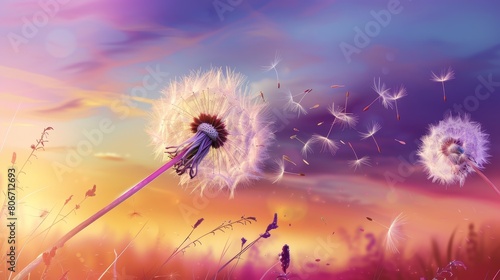 Ethereal beauty dandelion seeds float in sunset glow  nature s poetry  Ai Generated