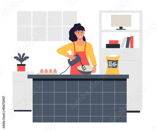 People cooking at kitchen, chef woman with mixer. Vector of chef kitchen with food, woman mixer cooking, cartoon cook female illustration