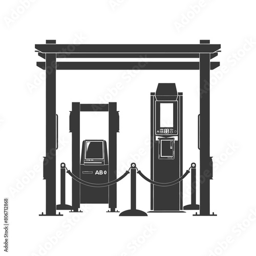 Silhouette Airport Security Checkpoint with X-ray Baggage Scanner and Metal Detector Gate black color only