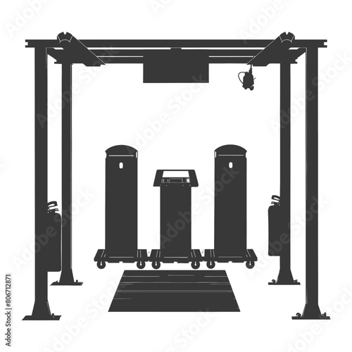 Silhouette Airport Security Checkpoint with X-ray Baggage Scanner and Metal Detector Gate black color only