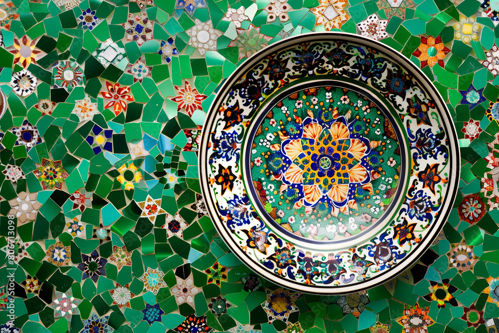 Colorful Mosaic Decorative Plate Centered on Vibrant Green Background
