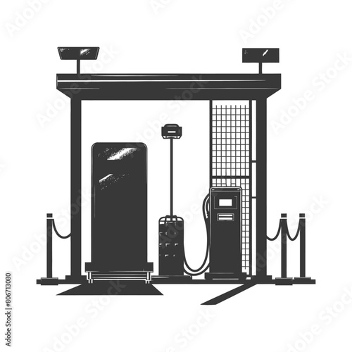 Silhouette Airport Security Checkpoint with X-ray Baggage Scanner and Metal Detector Gate black color only
