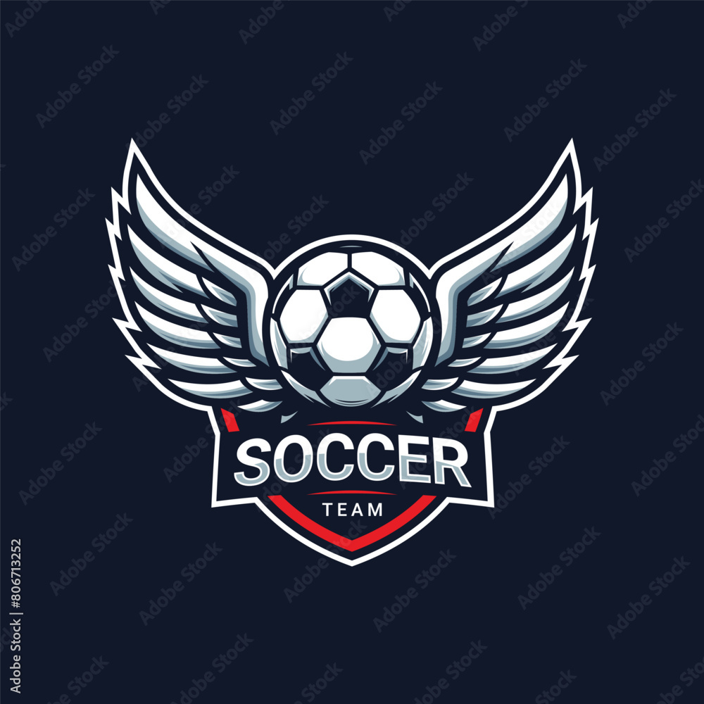 Obraz premium football logo. ball with wings and crown element , elegant soccer logo. Modern Soccer Football Badge logo template design