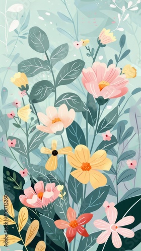 Botanical flowers painted on a vibrant blue backdrop