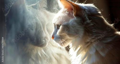 a white cat is looking at its reflection in a window