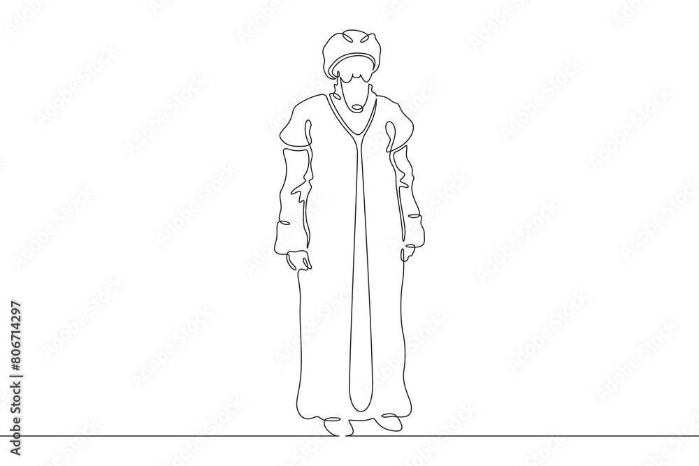 Muslim priest, Islamic clergyman. Male priest in full length in religious vestments. Religion. One continuous line. Line art. Minimum one line. White background. One line drawing.