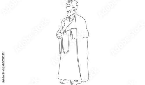 Muslim priest, Islamic clergyman. Male priest in full length in religious vestments. Religion. One continuous line. Line art. Minimum one line. White background. One line drawing.