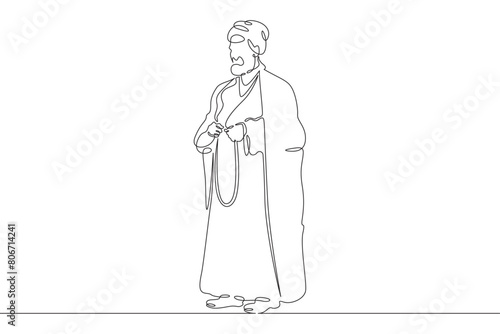 Muslim priest, Islamic clergyman. Male priest in full length in religious vestments. Religion. One continuous line. Line art. Minimum one line. White background. One line drawing.
