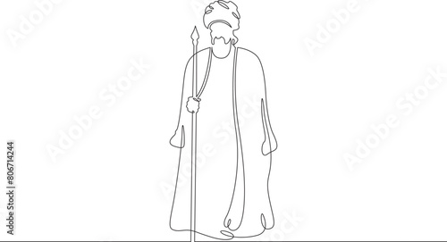 Muslim priest, Islamic clergyman. Male priest in full length in religious vestments. Religion. One continuous line. Line art. Minimum one line. White background. One line drawing.