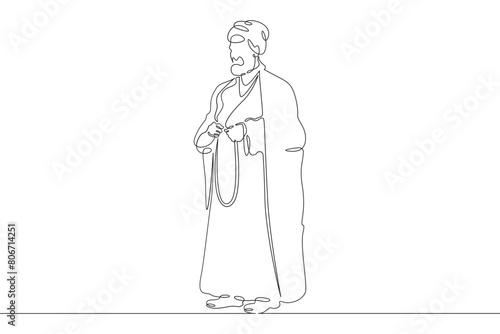 Muslim priest, Islamic clergyman. Male priest in full length in religious vestments. Religion. One continuous line. Line art. Minimum one line. White background. One line drawing.