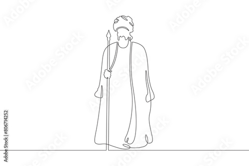 Muslim priest, Islamic clergyman. Male priest in full length in religious vestments. Religion. One continuous line. Line art. Minimum one line. White background. One line drawing.