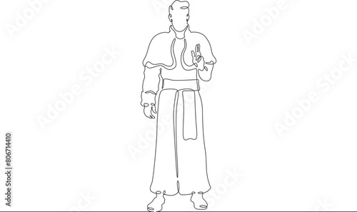Catholic priest. Christian minister of worship. A full-length male priest in religious vestments. Religion.One continuous line . Line art. Minimal single line.White background. One line drawing. 