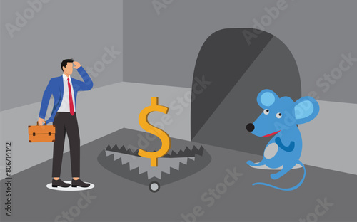 Mouse traps, snares, investment scams or traps in front of mouse holes, mouse traps placed in front of mouse holes and dollar signs