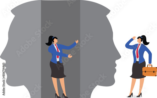 Lies or deceptions, the art of speech, liars, fraud or betrayal, dishonesty, double-dealing, Businesswoman standing around inside and outside of double-faced masks