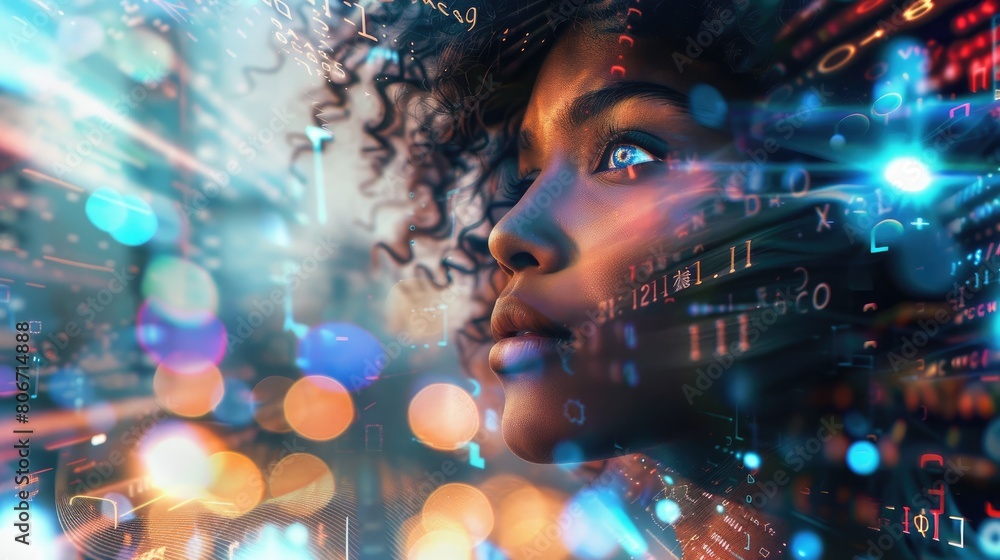 A black woman in profile with computer code and data visualizations overlaying her face, overlaying digital elements A black woman in profile with computer code and data visualizations overlaying her face, overlaying digital elements