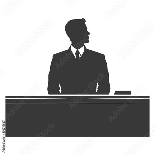 Silhouette bellboy hotel in action sit in front desk black color only