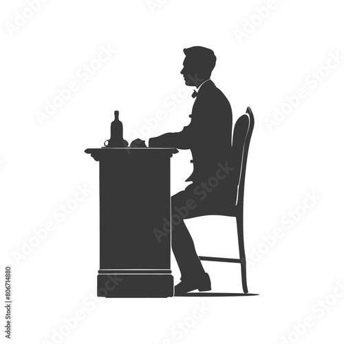 Silhouette bellboy hotel in action sit in front desk black color only