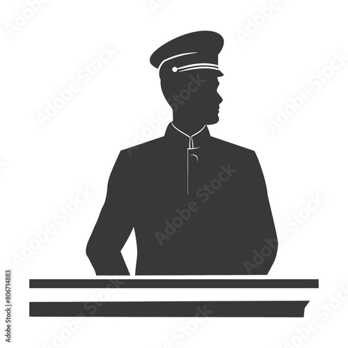 Silhouette bellboy hotel in action sit in front desk black color only