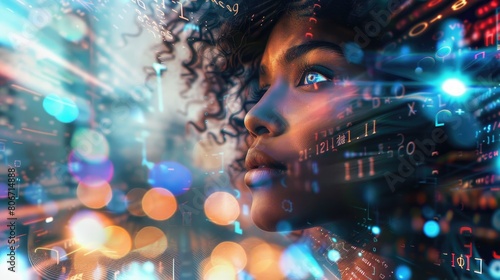  A black woman in profile with computer code and data visualizations overlaying her face  overlaying digital elements