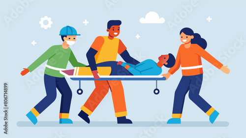 Trainees participate in a handson exercise practicing how to safely negotiate obstacles and debris while carrying an injured person on a stretcher.. Vector illustration