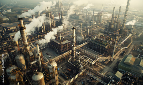 Immerse in the industrial environment with a view of a vast chemical fertilizer plant, illustrating manufacturing and pollution. AI generative.