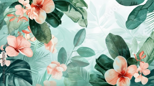 Wallpaper Mural Painting featuring vibrant flowers and leaves against a green backdrop Torontodigital.ca