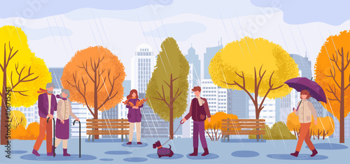 People in fall season, walking in park under tree. Vector of autumn season, illustration of fall park, nature outdoor tree, walk with umbrella