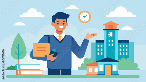 A campus tour guide highlighting the costsaving options at the community college such as scholarships and workstudy programs.. Vector illustration
