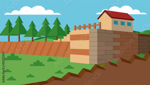 Retaining Walls The foundation is surrounded by sy retaining walls to prevent the surrounding soil from collapsing.. Vector illustration