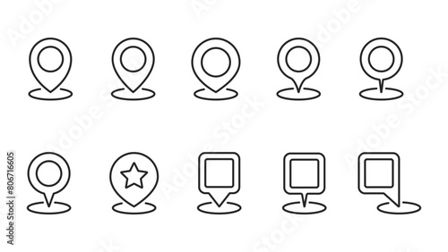 Simple outline map pin collection with editable line stroke. GPS, location pin sign. Map pointer symbol. Set of circle pointers infographic business element. Flat-style vector illustration