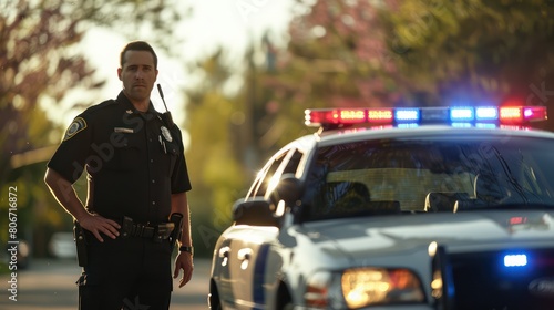 An image of a law enforcement officer standing next to their patrol car, symbolizing the enforcement of laws and order. 