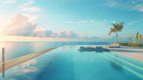 infinity pool with ocean view and lounge chairs under a blue sky with white clouds