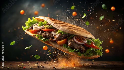 Sizzling Fresh Grilled Beef & Chicken Shawarma - Authentic Turkish & Arabic Doner Sandwich with Flying Ingredients & Spices. Hot, Ready to Serve. Perfect for Food Advertising & Menus. Includes Copy Sp