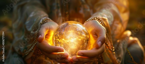 A woman is holding a glass ball with a glowing light inside