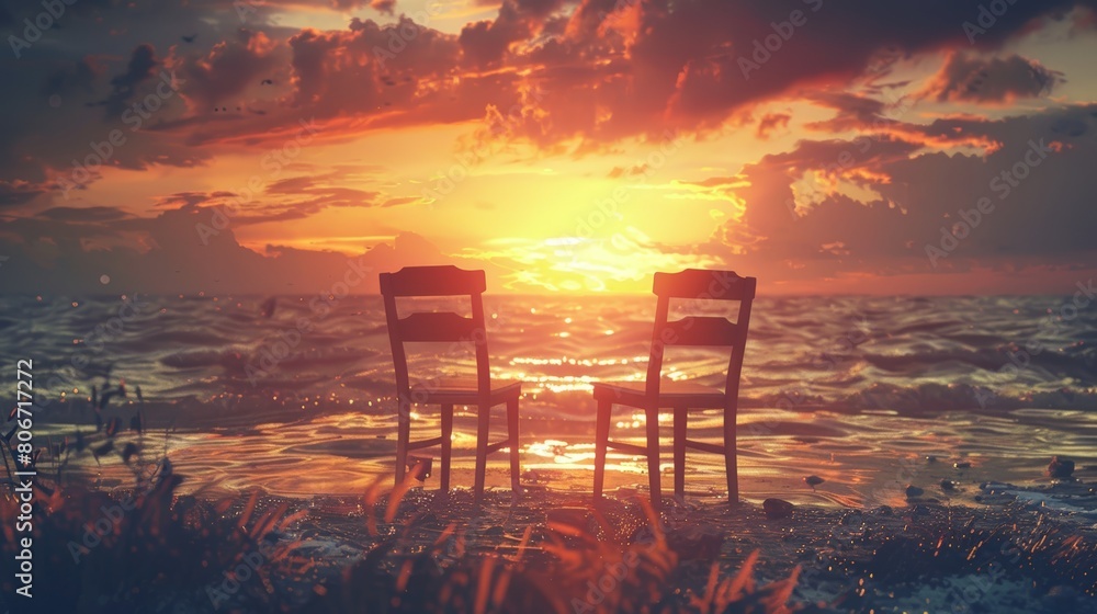 A table with two chairs and a wine glass is set up on the beach at sunset A table with two chairs and a wine glass is set up on the beach at sunset