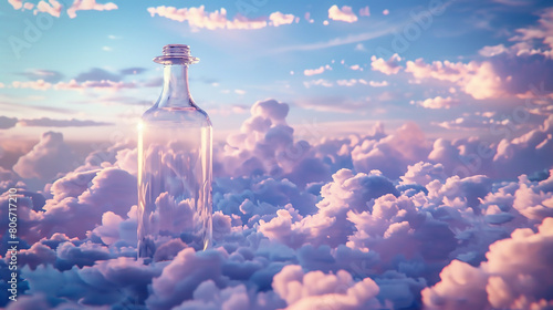 A transparent glass bottle with a cloud background, using a backdrop or cloud stickers to create a background full of fluffy clouds. You can choose blue, purple, or white to enhance the clear transpar photo